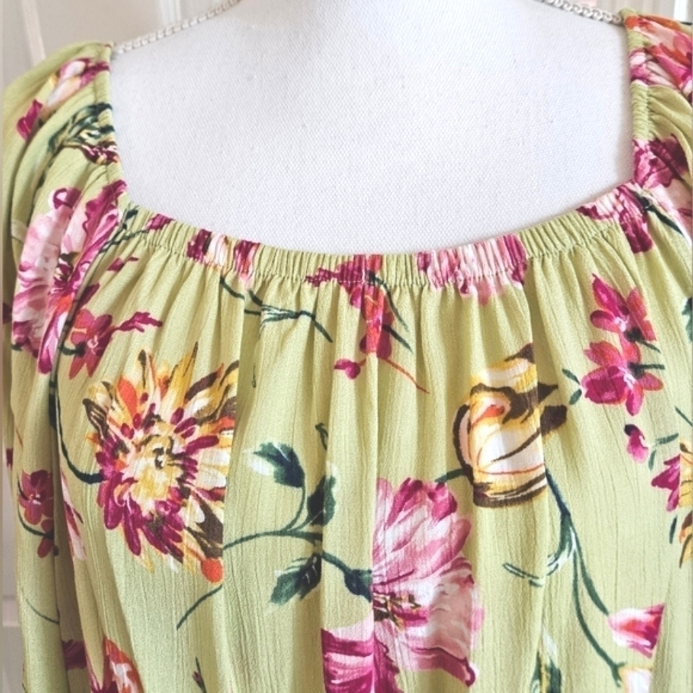 FIRST LOVE BOHO BLOUSE SZ L GREEN PINK - Picture 2 of 7